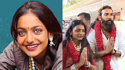 In the image on the left side Monalisa in Mahakumbh is shown and on the right side Monalisa with her husband Farmaan Khan is shown with garlands on