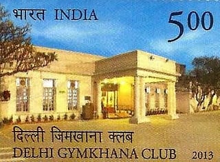 Image of stamp of Delhi gymkhana club. the name of the club is written in both hindi and english.