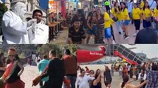 A collage of six lively travel scenes: tourists interacting, dancing in traditional clothes, colourful city streets, and an airport tarmac with a plane visible.