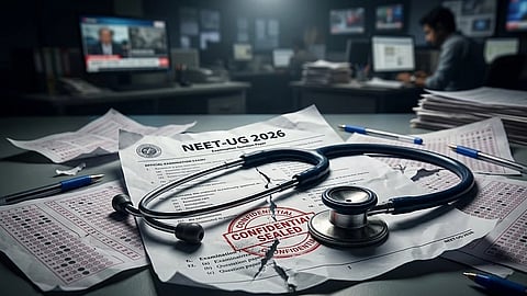 A stethoscope rests on confidential NEET-UG 2026 papers, surrounded by OMR sheets and pens in a busy office with computers, conveying tension and secrecy.