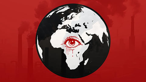 Illustration of Earth with an eye on Africa against a red background. Smog and industrial chimneys convey an environmental and urgent tone.