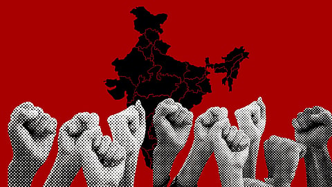 Raised fists in black and white halftone style symbolize protest against a red backdrop with India’s map in black, conveying a powerful, activist theme.