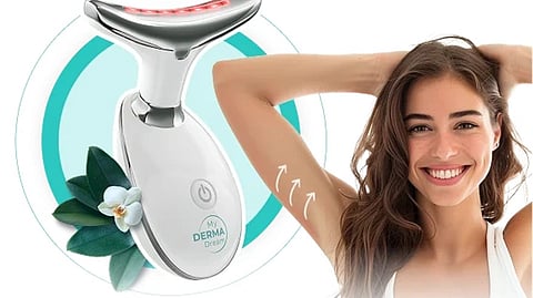 In the image a "my derma product is shown with a smiling women showing her arms