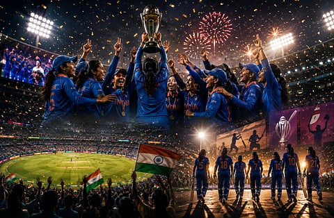 AI generated photograph of players of the Indian women's cricket team celebrating together during an international match