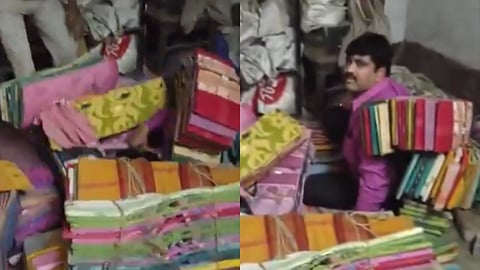 In the image collage of two images are shown in which TMC leader Brahmananda Chakraborty is shown hiding under a pile of saree
