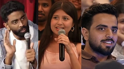 Three people holding microphones, engaged in conversation. The left person gestures expressively, the center person smiles, and the right person listens intently.