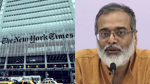 Image of NewsClick founder Prabir Purkayastha and an image of New York Times headquarters in Manhattan, New York
