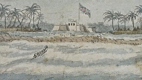 A historical painting shows a coastal fort with a Union Jack flag, surrounded by palm trees. Choppy waves and canoes with rowers are in the foreground.