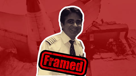 A smiling pilot, outlined in white, is overlaid on a red-tinted airplane crash scene. A "Framed" stamp in bold red adds tension and intrigue.
