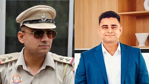 In the image Nishant tomar is shown on the left side he is wearing a police uniform and on the right side he is in a formal wear