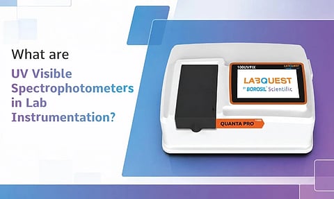 Image displays a UV Visible Spectrophotometer labeled 'LabQuest by Borosil Scientific' on the right. On the left, text asks about UV Visible Spectrophotometers in lab settings. The background features a gradient of blue and purple with geometric shapes, conveying a scientific and modern tone