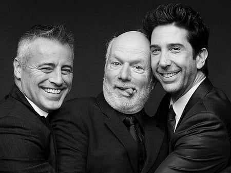 black and white Image of Matt Leblanc (left), James Burrows(center) and David Schwimmer (extreme right)