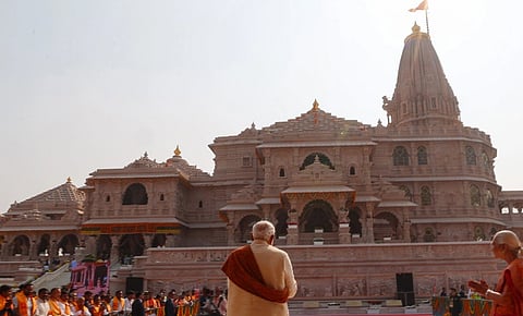 Image of PM at Shri Ram Janmbhoomi Mandir Dhwajarohan Utsav, in Ayodhya, Uttar Pradesh.