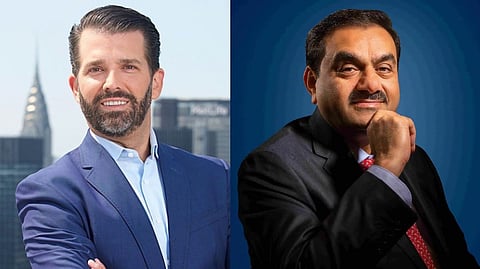 Collage pic with Donald Trump Jr on the left, clad in navy blue suit, and Gautam Adani on the right clad in black suit with hands on his chin.