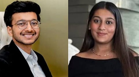 Left image is of Ketan Agarwal in a black suit. Right image is of his fiance Siya Goyal.