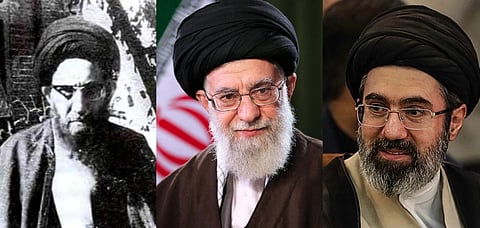 Images of Javad (left), Ayatollah Ali Khamenei (center), and Mojtaba Khamenei (right) juxtaposed to each other.