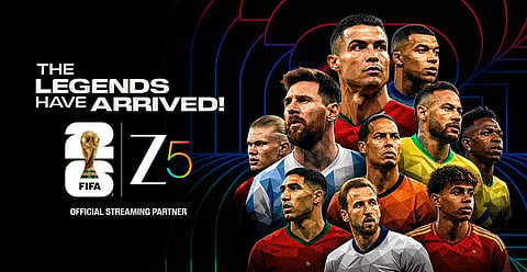 "The Legends Have Arrived" text with various soccer players in vibrant jerseys against a dark, abstract background denoting a streaming partnership.