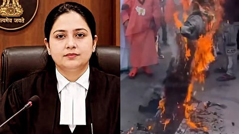 Photo of Additional District Judge (ADJ) of Narmadapuram district Tabassum Khan/a cow-protector group in Punjab burning down an effigy of ADJ Tabassum Khan