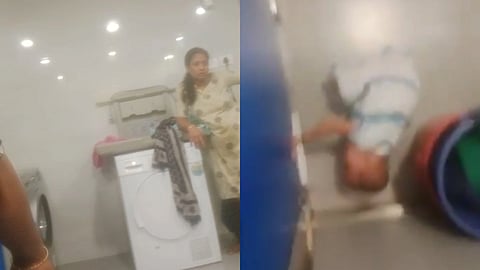 In the image on the left side a women is shown with a washing machine and on the right hand side a toddler is shown trying to see outside inside a bathroom