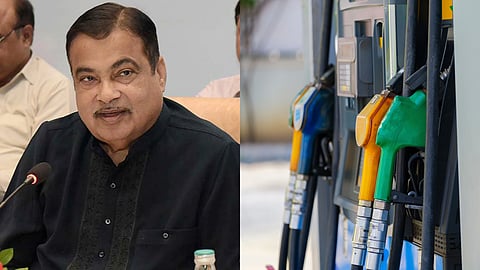 On right, Nitin Gadkari wearing Black speaking on a mic. On Left, a petrol pump.