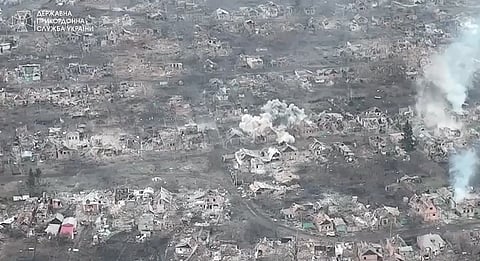 Aerial image of Private sector of Bakhmut (Donetsk region of Ukraine) during the battle of the city. State Border Guard Service of Ukraine fires on fighters of Wagner Group.