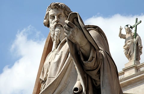 Image of St. Paul statue in front of St. Peters Basilica (Vatican). (Sculptor: Adamo Tadolini)