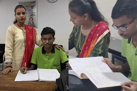 Bihar student Gunjan Kumar with his mother Gunja Sharma, who attended online classes and prepared study notes during his illness
