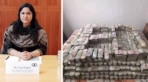 IAS officer Pooja Singhal on right with stacks of cash on left
