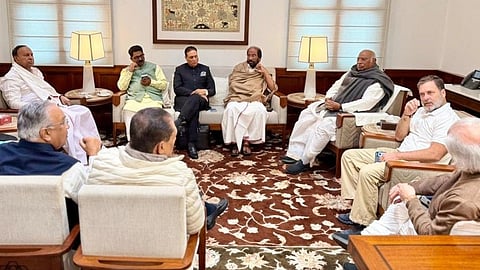 Representational image of INDIA bloc leaders during an Opposition meeting discussing strategy against the BJP