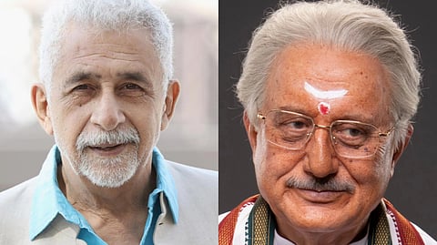 In the image on the left side Naseeruddin shah is shown and on the right side Anupam Kher is shown in his movie sri ram bhoomi's get up