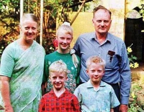 Image of Graham Staines and his family. in the image Staines' wife Gladys and their three children Esther, Timothy and Phillip can be seen. Staines and his two sons were burned to death by bajrang dal member Dara Singh.