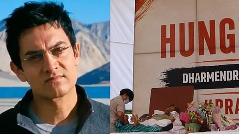 Left image is a still of Aamir Khan from 3 idiots. Right image is of Sonam Wangchuk's hunger strike in Delhi's Jantar Mantar. in the image wangchuk is being treated by a medical personnel while he seems to be asleep.