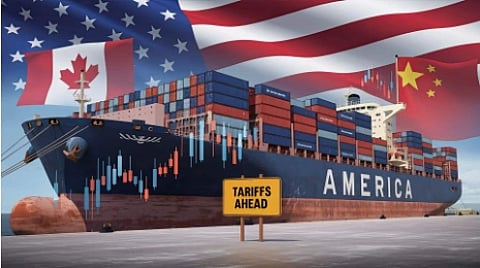 The image shows a ship named america the flag of US, Canada and a sign board of tariffs ahead.