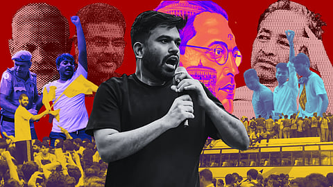 In the image a A passionate speaker holds a microphone amidst a crowd, against a collage of historical figures and protesters. The scene exudes energy and activism.