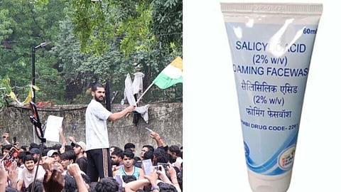 Image of Delhi's jantar mantar protest where a crowd is assembled with man standing part with a national flag on his hand. The right image is Government's latest salycilic acid which is Rs 50.