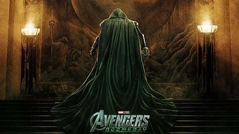 Scene from the 'Avengers: Doomsday' trailer featuring Robert Downey Jr. as Doctor Doom and Chris Evans wielding Mjolnir