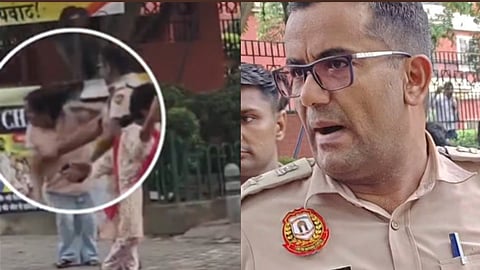 In the image on the left side a male police officer is shown hitting a female protester during the CJP protest and on the right side the police officer image in closeup is shown