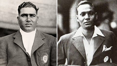 Indian fast bowlers Mohammad Nissar on the left and Amar Singh on right