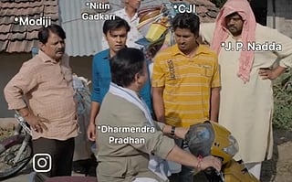 A still from Panchayat series depicting the current situation of Dharmendra Pradhan after his resignation. in the image seperate characters have been written as Modiji Nitin Gadkari CJI JP Nadda all looking at Pradhan leave.