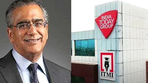 left image of India today founder Aroon Purie and right image is of the office building of India Today Group