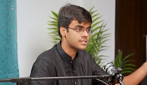 In the image Vedanta Agarwal from NDTV is shown speaking in the podcast of KK Create