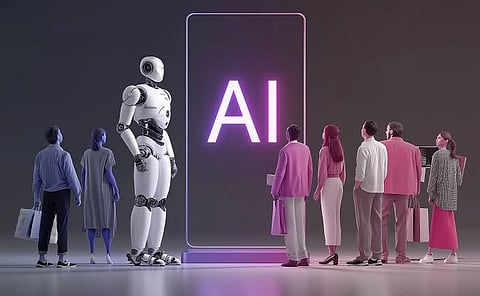 In the image AI is shown with robots and people looking at the robot