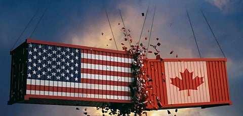 the image shows collision of two blocks USA and Canada majorly referring to tariff war.