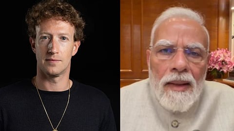 Left image is of Mark Zuckerberg, co-founder, chairman, CEO, Meta Platforms standing in front of a black background. Right image is of PM Modi's video address to students on his social media platforms.