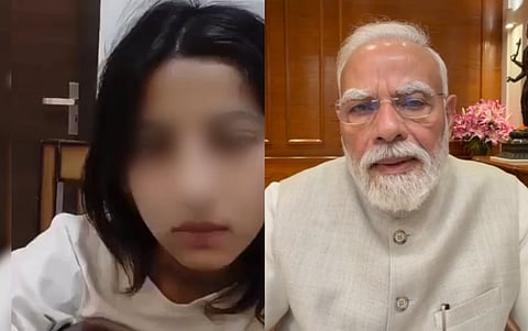 Left image is of the viral 15 year old noida girl who hurled abuses at PM Modi. Right image is of PM modi's addressing people on social media