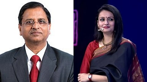In the image on the left side Former Finance Secy Subhash Chandra Garg is shown and on the right side the NDTV anchor Gaure Dwivedi is shown