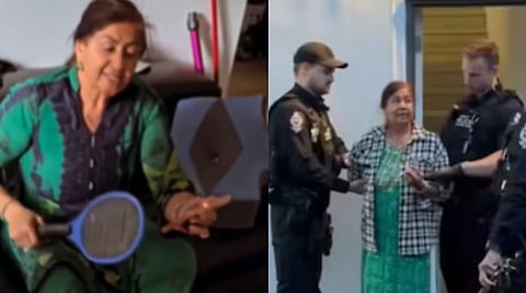 Left image is of Indian landlady with a mosquittoe killing bat in her hand. Right image is of the indian landlady getting arrested by surrey police