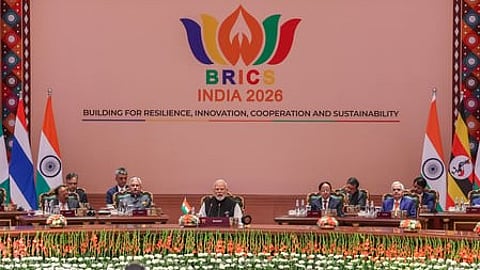 In the image PM Modi is shown with other leaders in Bharat Mandapan BRICS Summit 2026