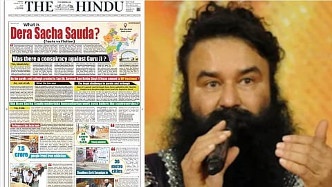 Left image is of The Hindu's SEPTEMBER 12, 2026, edition with Dera Sacha Sauda and its head Ram Rahim's advertisement on it. Right image is of convicted rapist Ram Rahim.