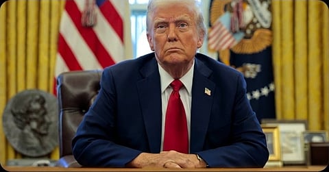 President of United States Donald Trump sitting at his office in White House